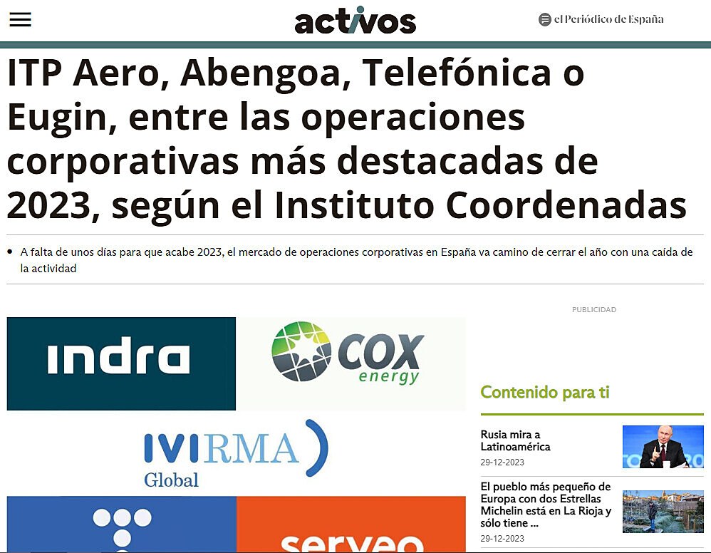 ITP Aero, Abengoa, Telefnica o Eugin, entre las operaciones corporativas ms destacadas de 2023, segn el Instituto Coordenadas